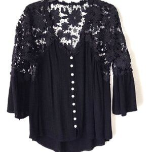 Elegant Black Alencon Floral Lace on Black Gauze Bottom Down Women's Top